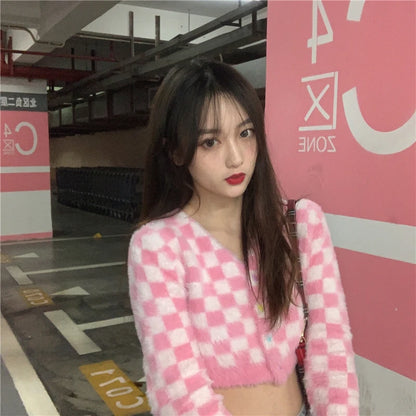 Rose Whisper V-Neck Plaid Cardigan