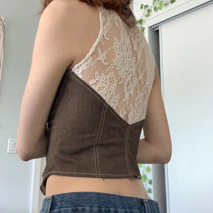 Fairy Core Lace Patchwork Denim Vest