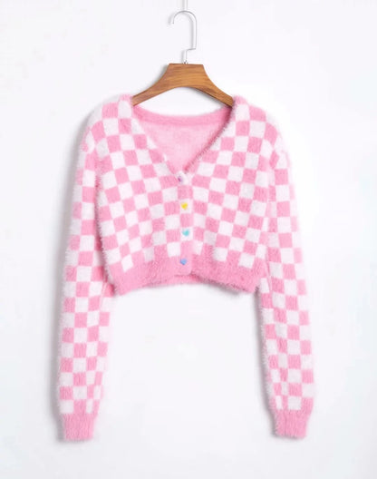 Rose Whisper V-Neck Plaid Cardigan