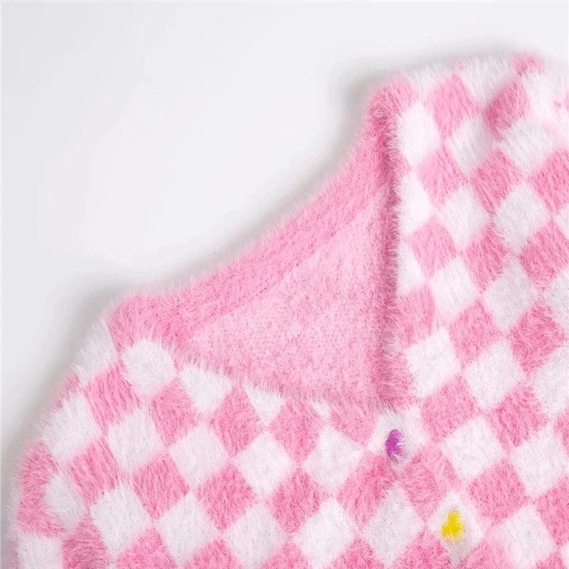 Rose Whisper V-Neck Plaid Cardigan