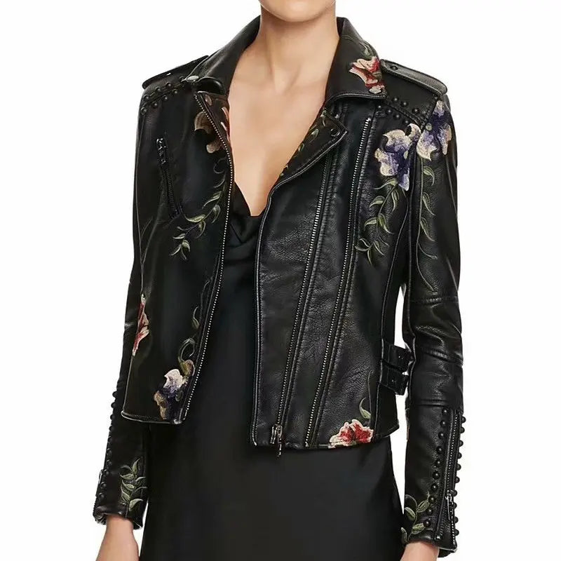 Floral Embroidered Biker Jacket