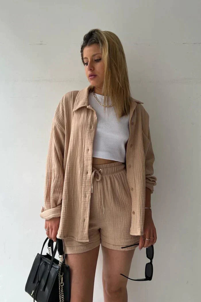 Women's Two-Piece Short Set with Cardigan & Shorts