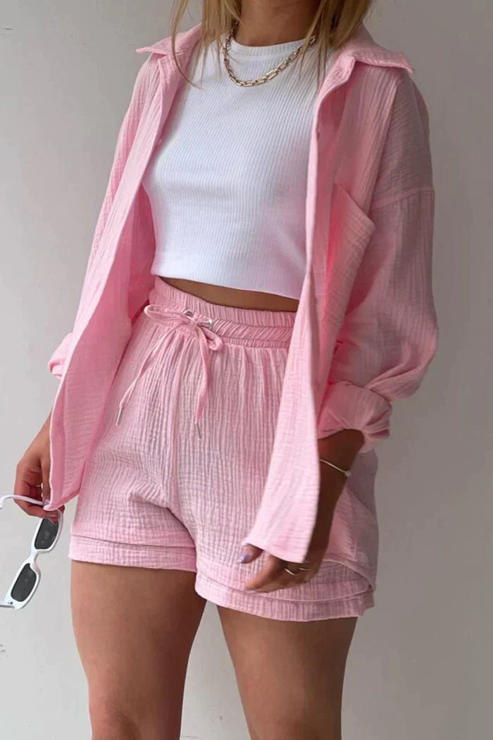 Women's Two-Piece Short Set with Cardigan & Shorts