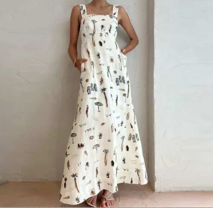 Graffiti Glam Backless Lace-Up Maxi Dress