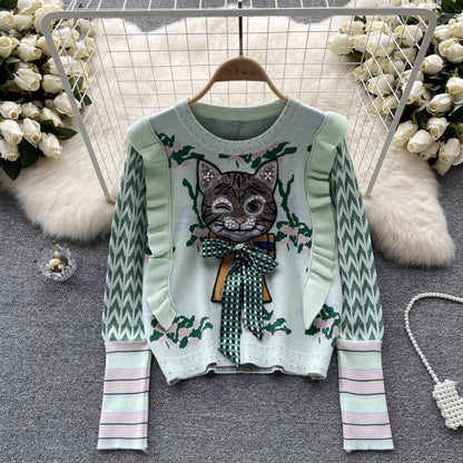 Whimsical Charm Cat Embroidered Sweater