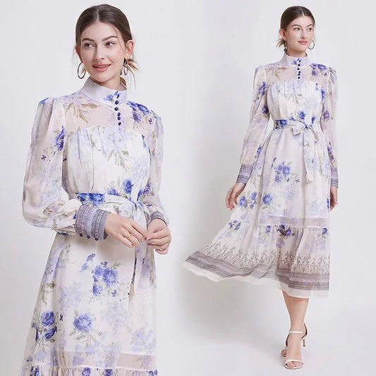 Floral Chiffon Waist Cinching Dress