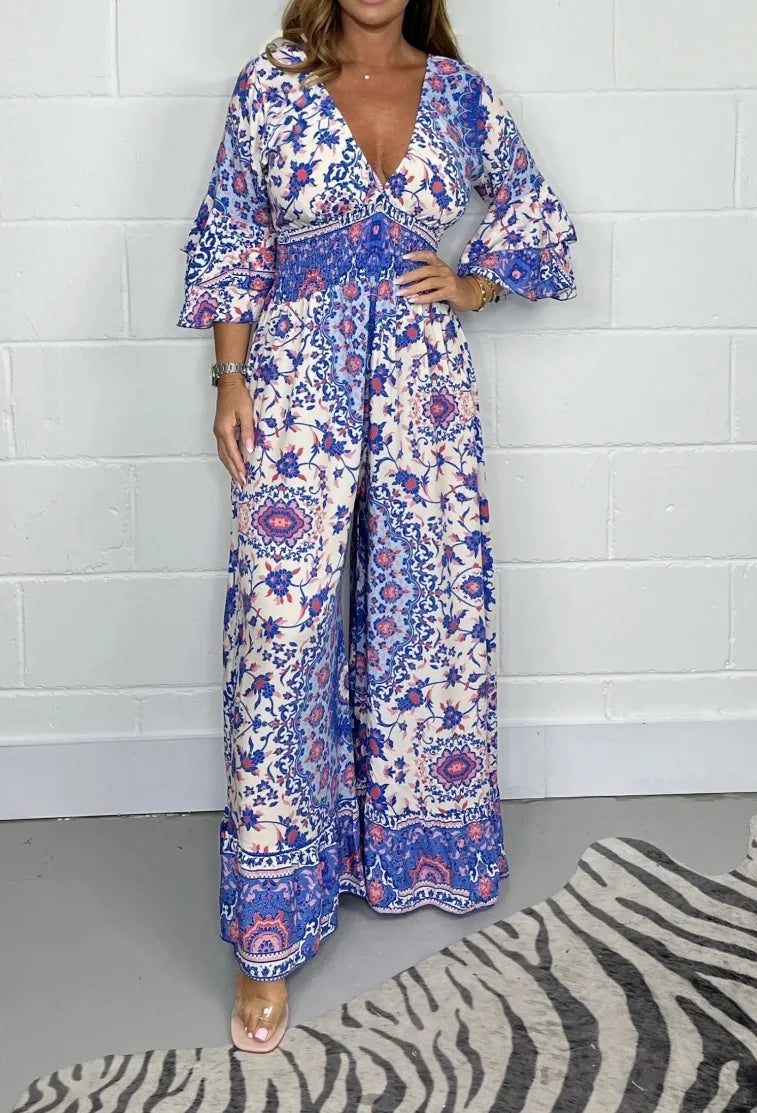 V-Neck Printed Short Jumpsuit