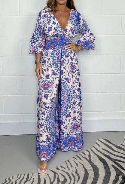 V-Neck Printed Short Jumpsuit