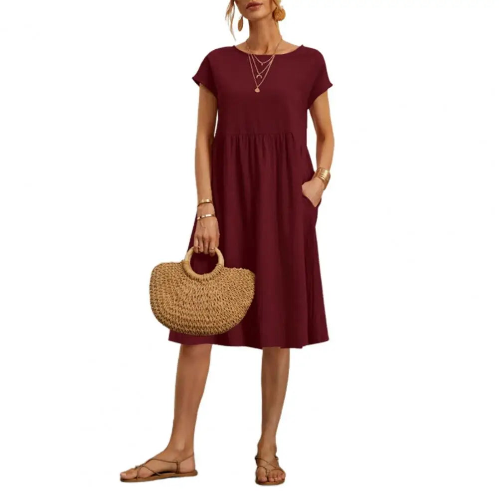 Women’s Vintage O-Neck Casual Summer Dress with Pockets