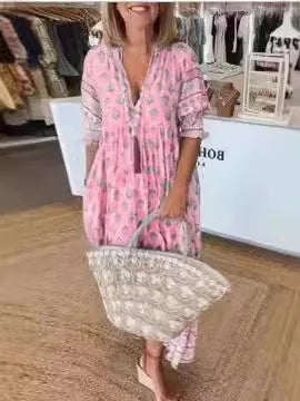 Boho V-neck Lantern Sleeve Dress