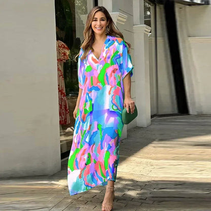 Vivid Bloom V-Neck Maxi Dress