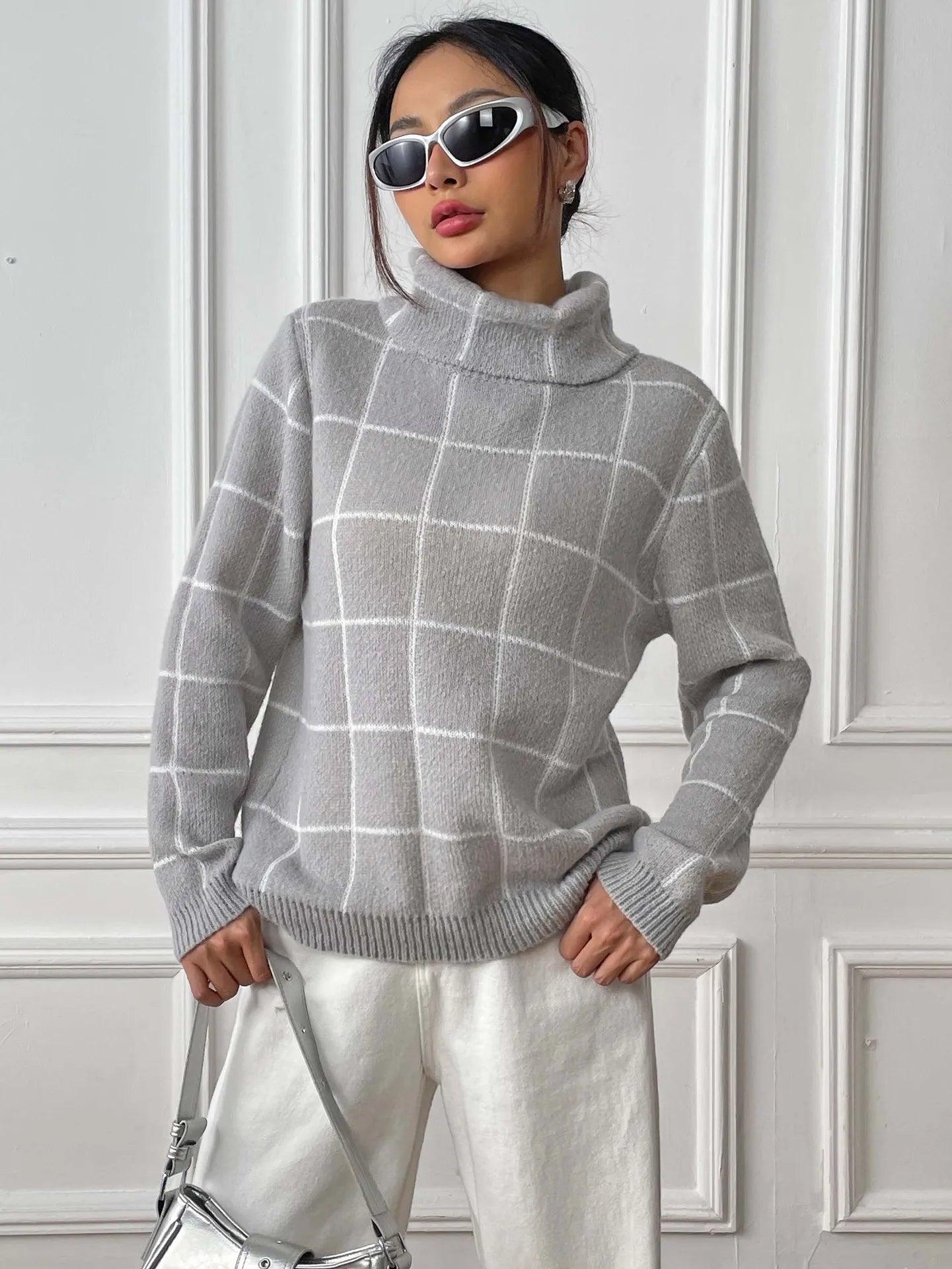 Plaid Muse Turtleneck Knit Sweater