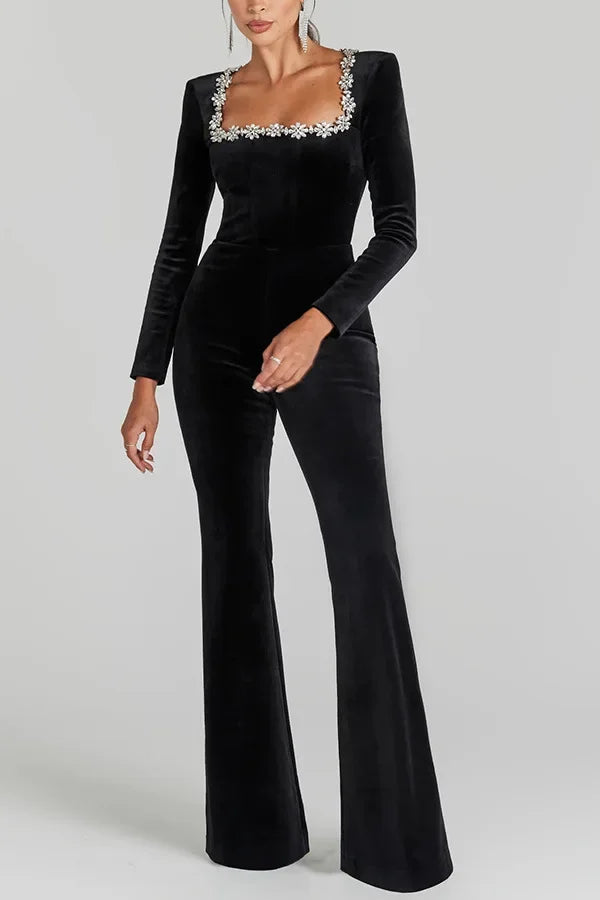 Black Velour Flare Jumpsuit