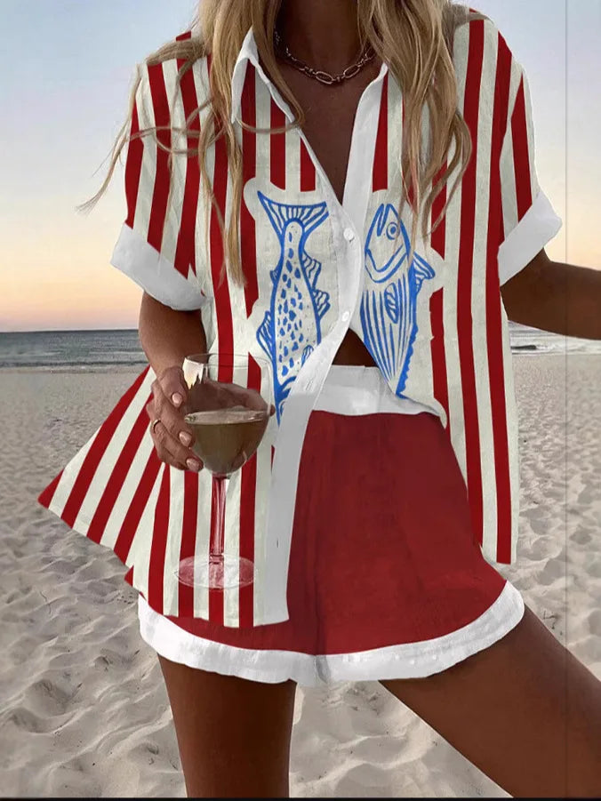 Printed Button Shirt and Shorts Set