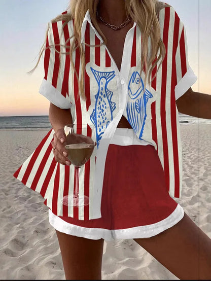 Printed Button Shirt and Shorts Set