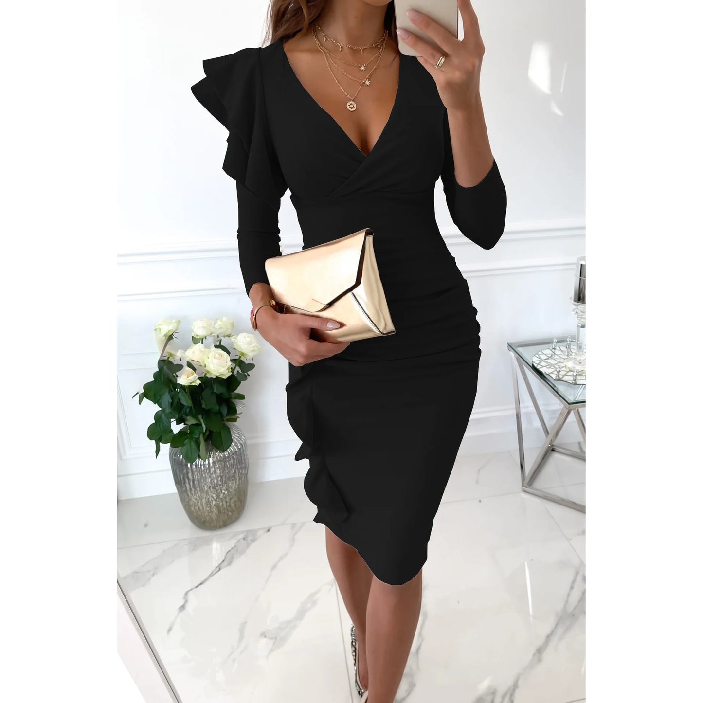 Ruffle Grace V-Neck Midi Dress