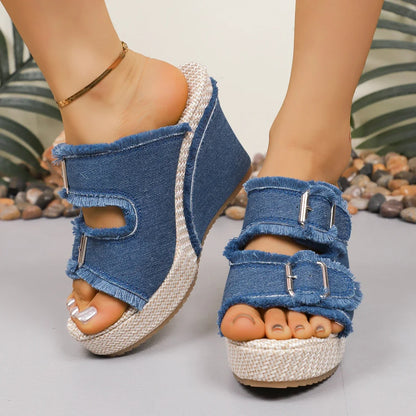 Denim Wedge Platform Buckle Sandals