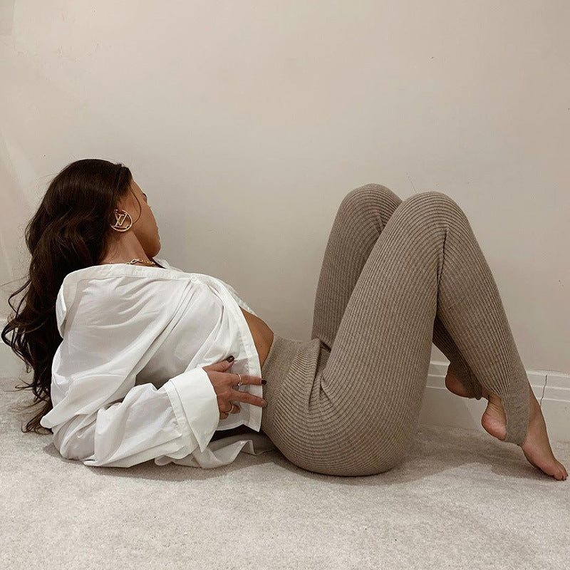 Beige Ribbed Knit Leggings