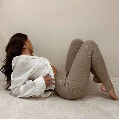 Beige Ribbed Knit Leggings