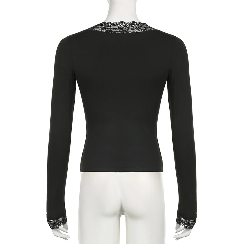 Lace Edge Slim V-Neck Long Sleeve Tee