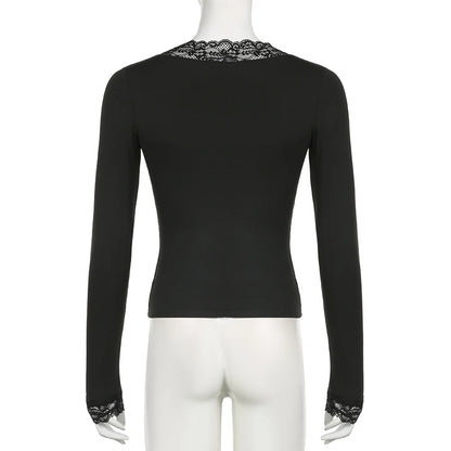 Lace Edge Slim V-Neck Long Sleeve Tee