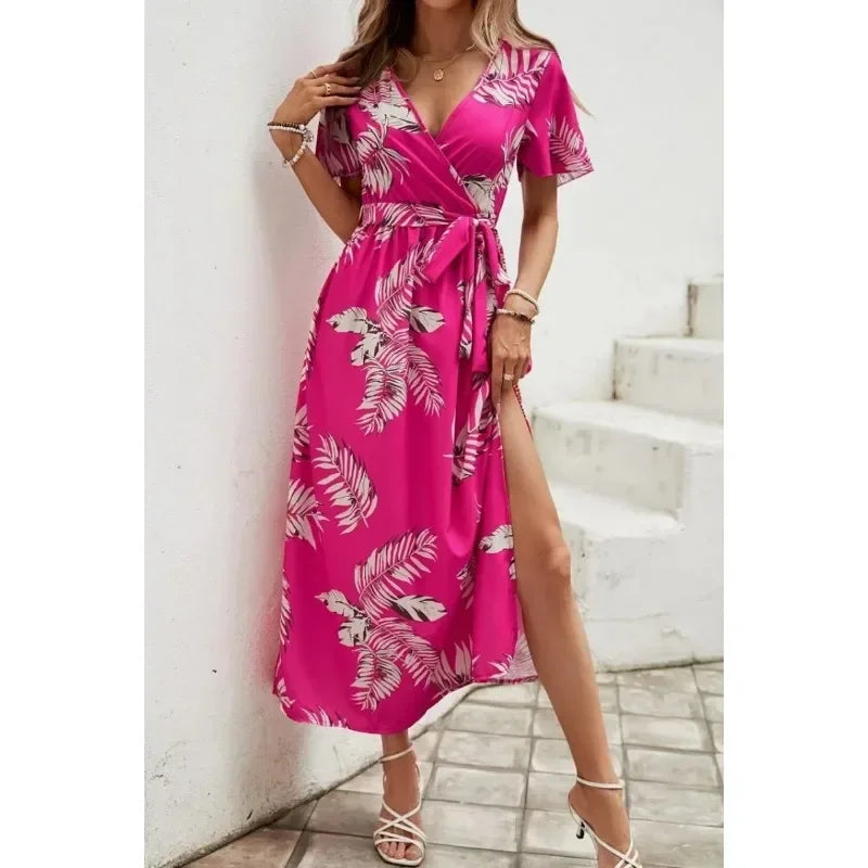 Elegant Curve V-Neck Belted Dress
