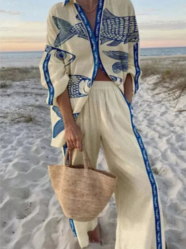 Tropical Print Lace-Up Pant Set