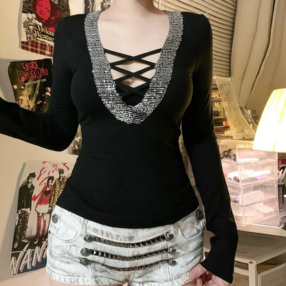 Glam Splice Sequin V-Neck Slim Top
