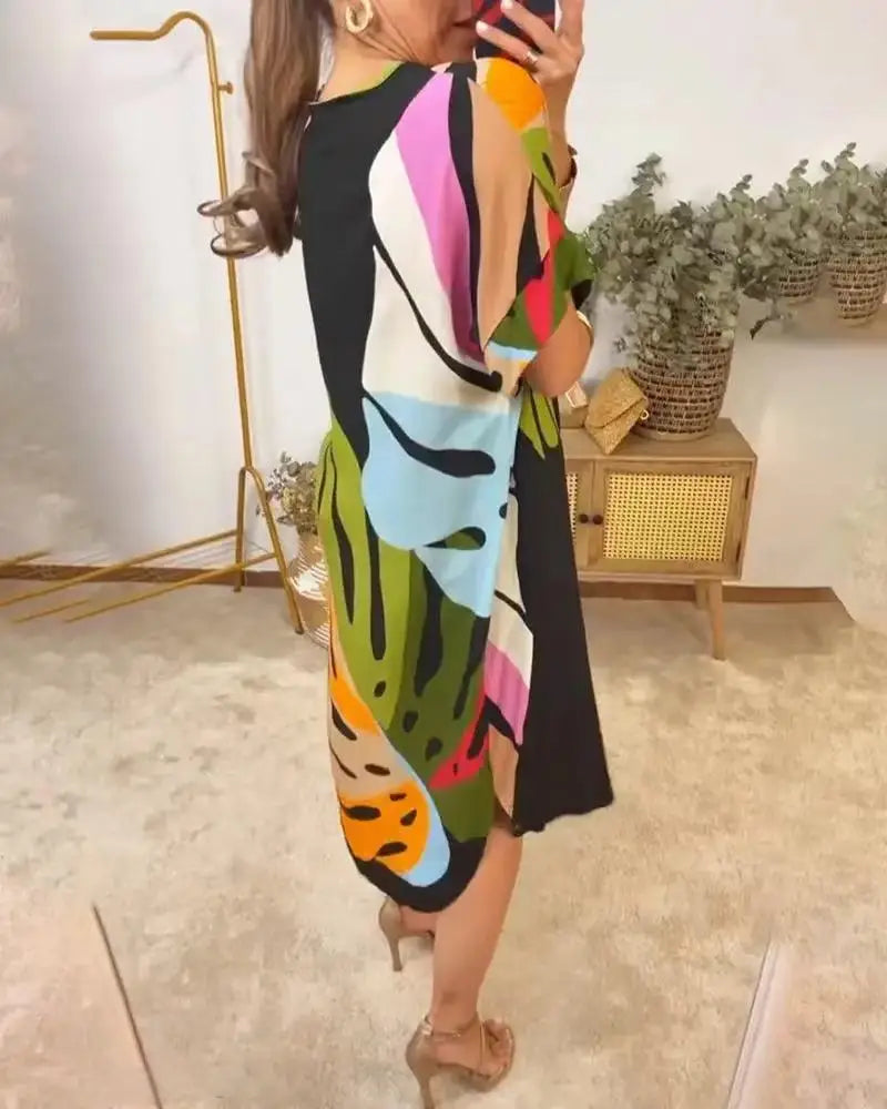 Printed V Neck Loose Summer Dress