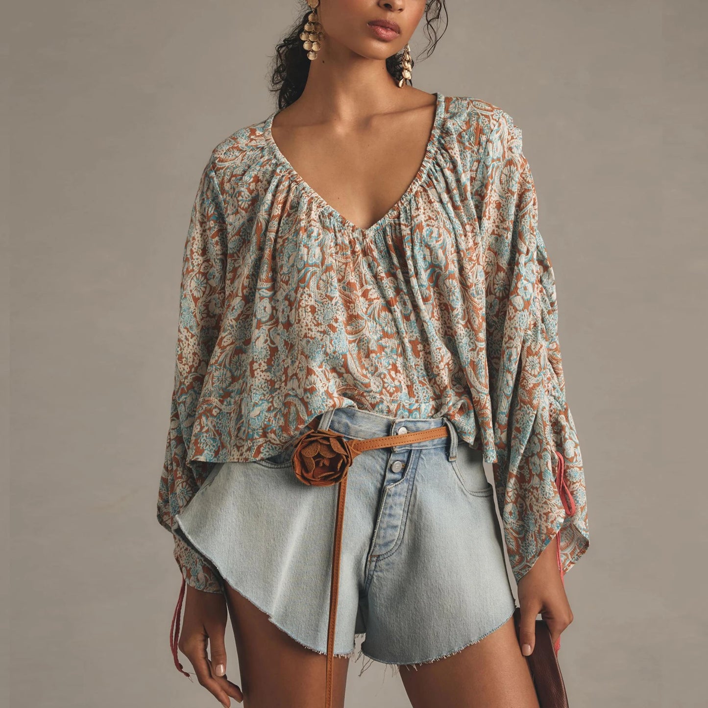 Boho Bloom Lace-Up Floral Blouse