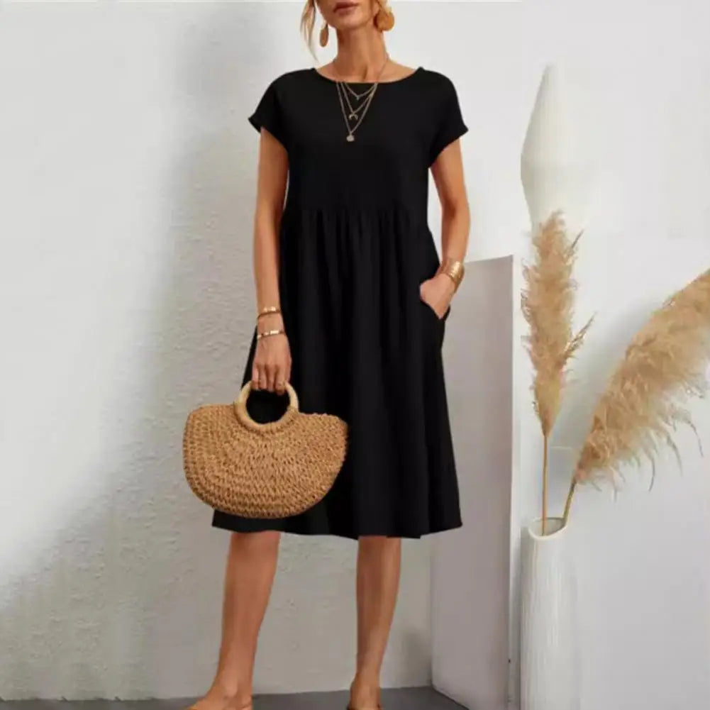 Women’s Vintage O-Neck Casual Summer Dress with Pockets