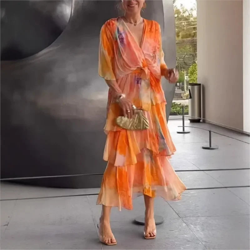 Elegant Ruffle Chiffon Lace-Up Dress