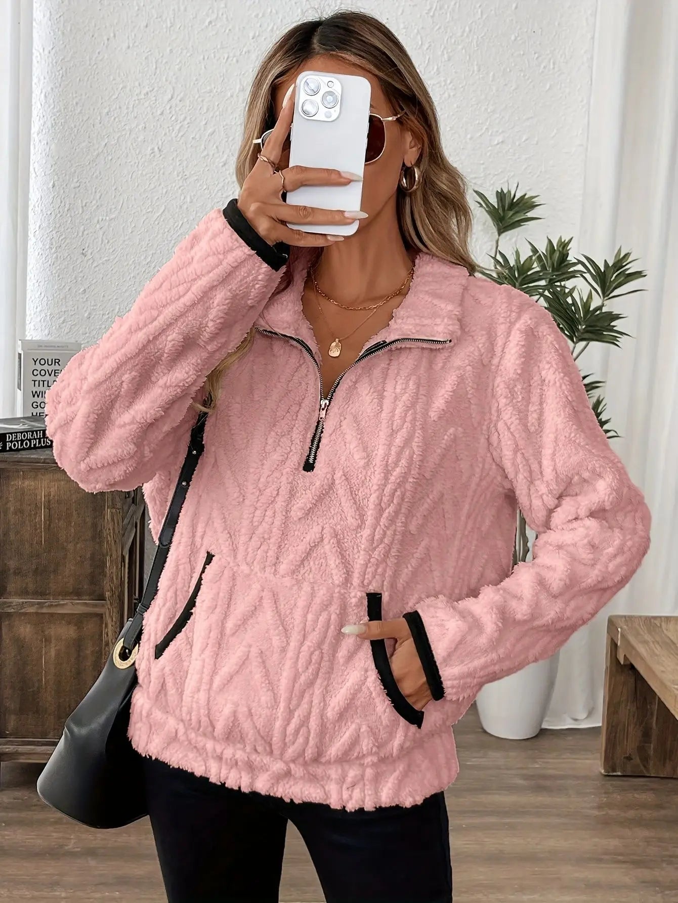 Wool Blend Patchwork Zip Hoodie