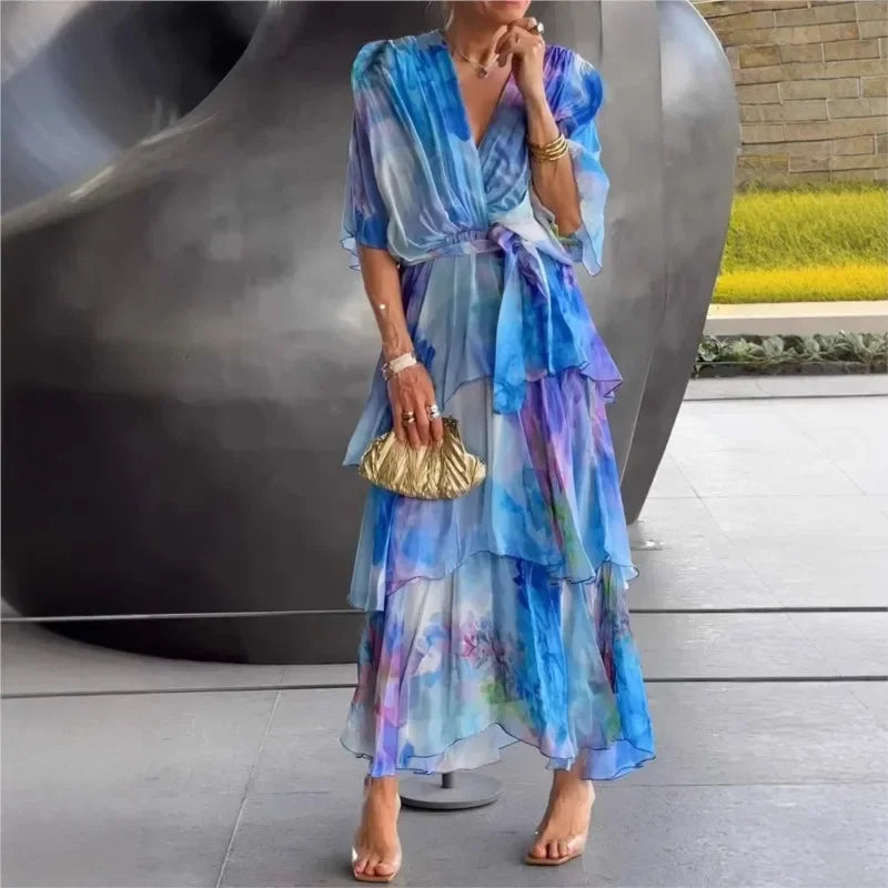 Elegant Ruffle Chiffon Lace-Up Dress