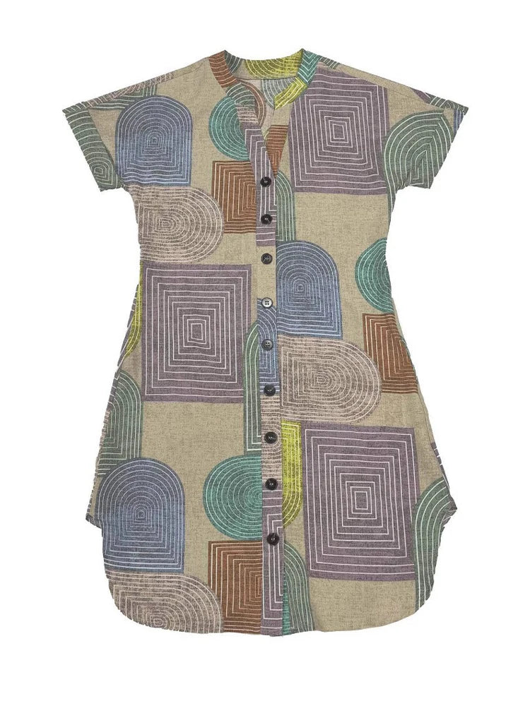 Chic Geo Print V Neck Button Dress