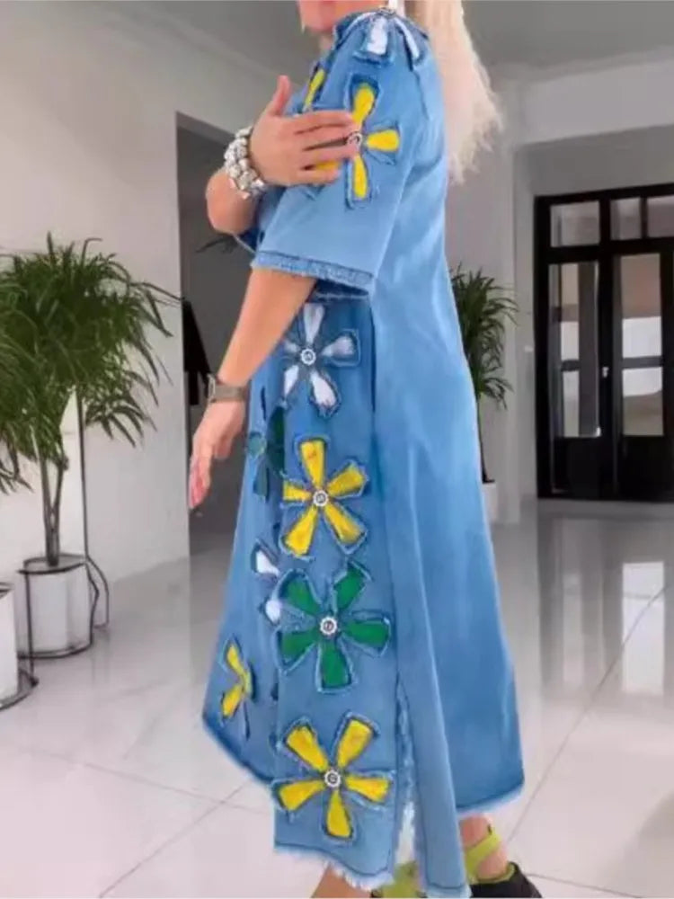 Elegant Floral Patch A-line Midi Dress