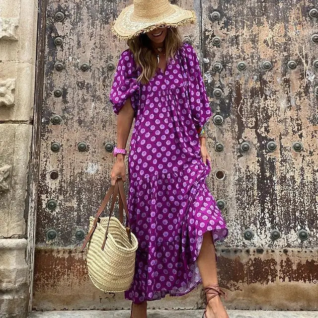 Geometric Print Bubble Sleeve Dress
