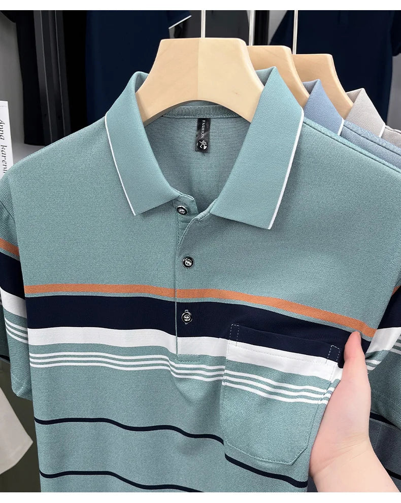 Luxury Color-Block Striped Polo Shirt