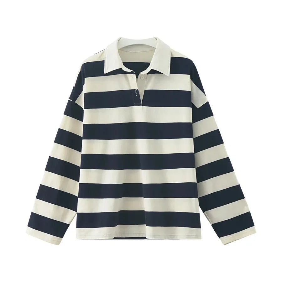 Loose Fit Striped Polo Sweatshirt