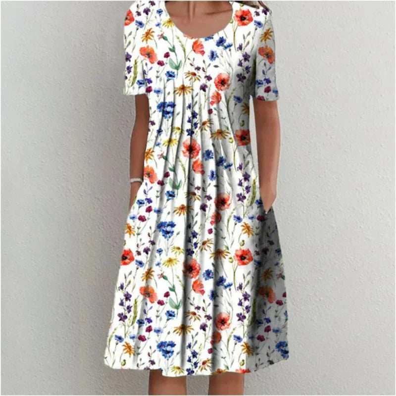 Floral A-line Round Neck Home Dress
