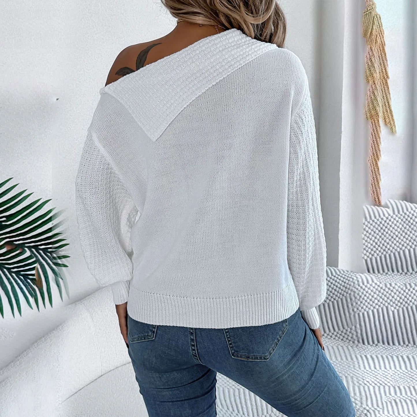 Sultry Draped Shoulder Knit Sweater