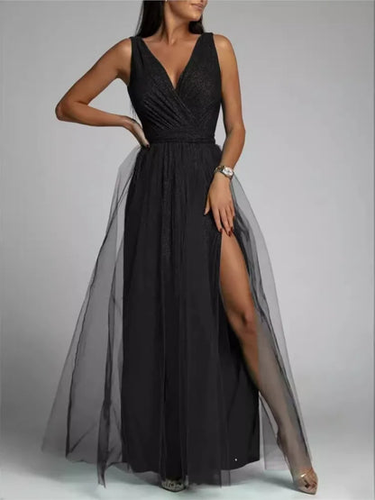 Elegant Mesh V-Neck Slit Dress
