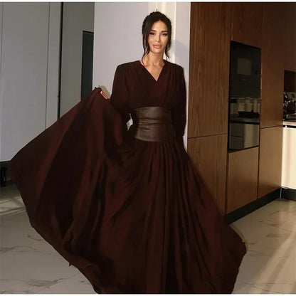 Elegant Waist-Cinch V-Neck Maxi Dress