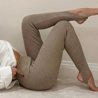 Beige Ribbed Knit Leggings