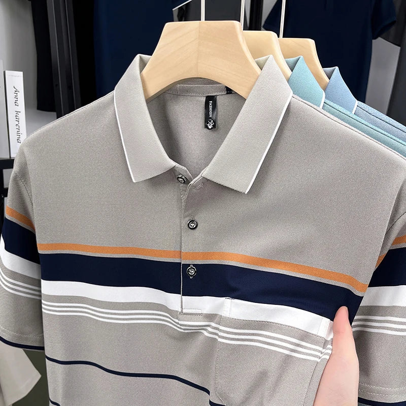Luxury Color-Block Striped Polo Shirt
