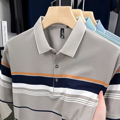 Luxury Color-Block Striped Polo Shirt