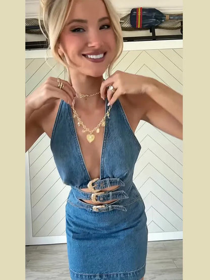 Ocean Glow Halter Denim Mini Dress