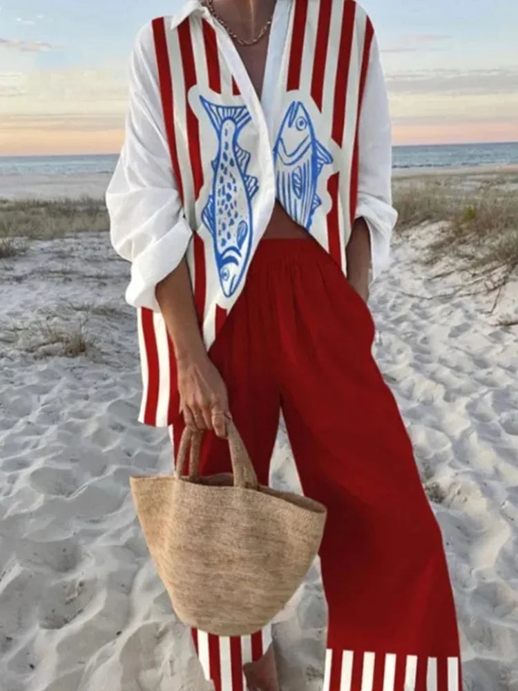 Tropical Print Lace-Up Pant Set