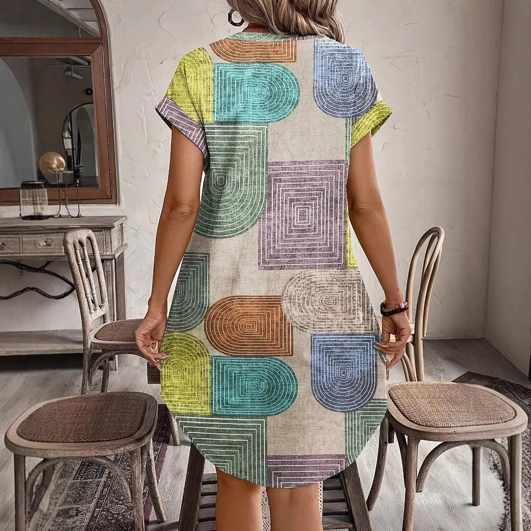 Chic Geo Print V Neck Button Dress