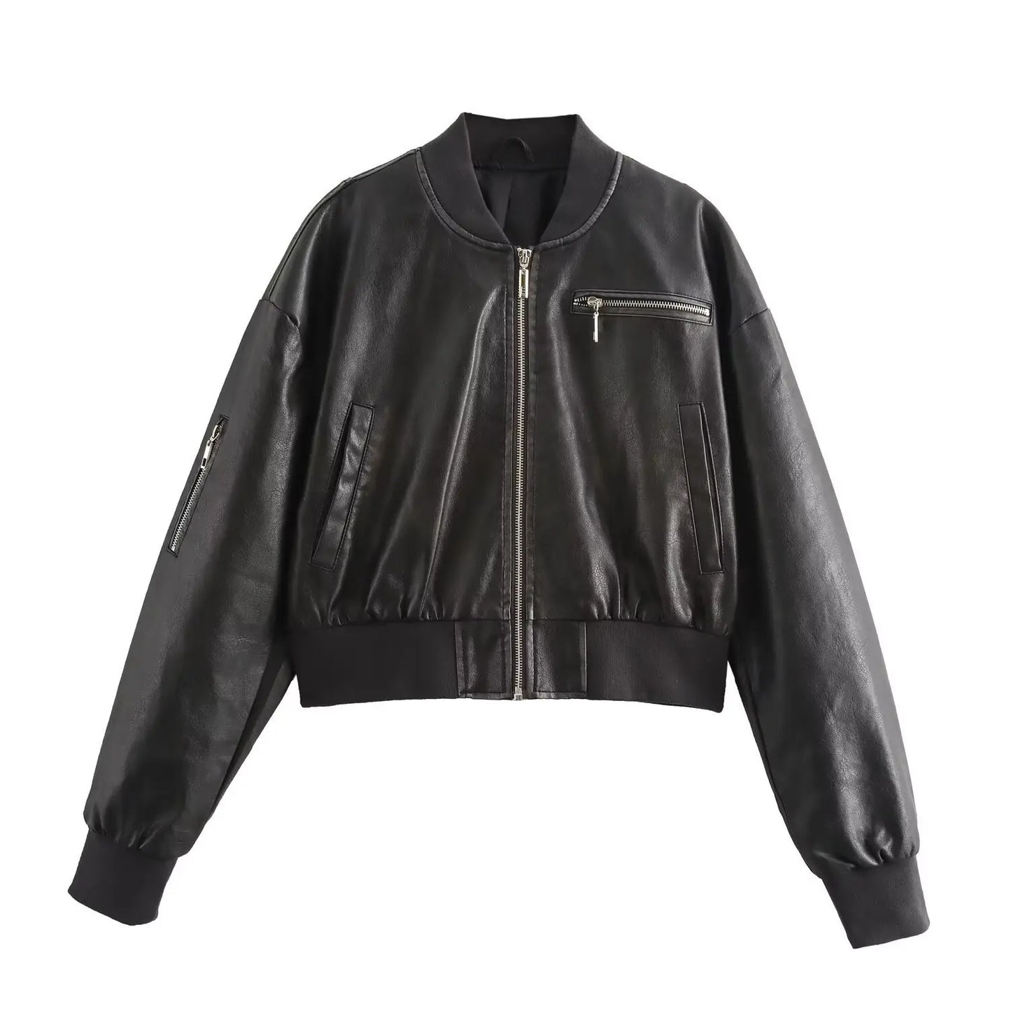 Vintage O-Neck Leather Jacket